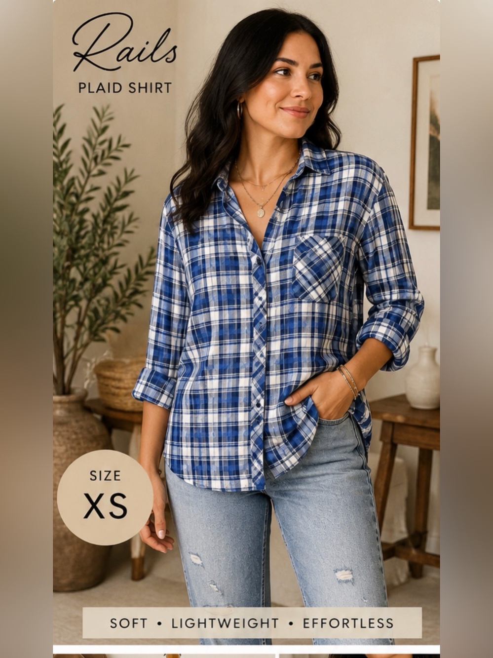 Rails Blue White Plaid Button Front Shirt‎ XS 100% Rayon Lightweight Coastal